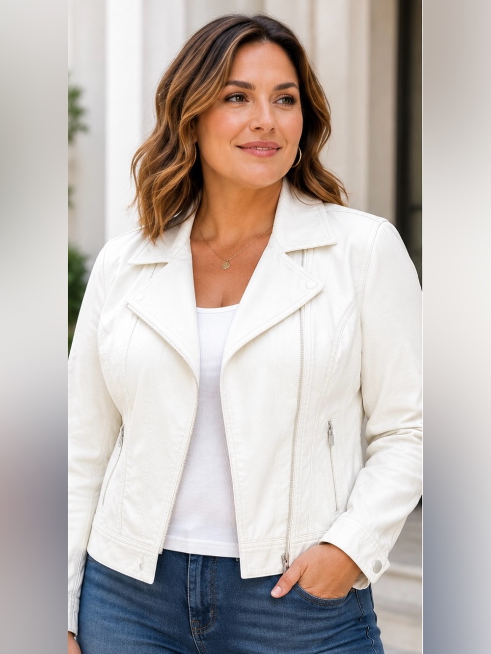 Chico’s White Denim Moto Jacket Size 2 Large 12/14 NWT